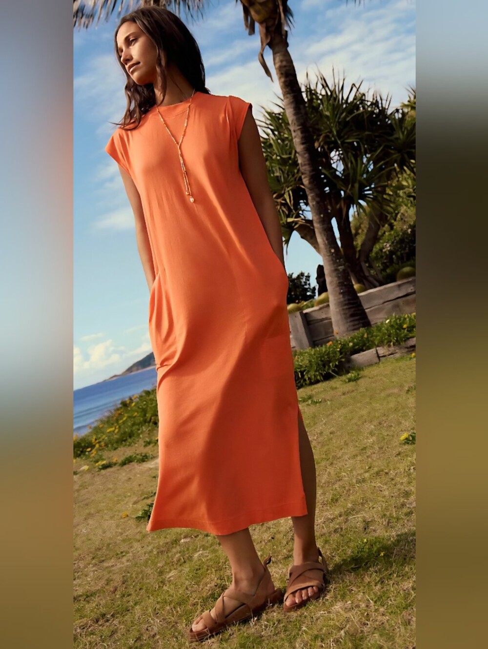 Free People FP Beach Womens Size Medium Orange All Day Long Midi Dress